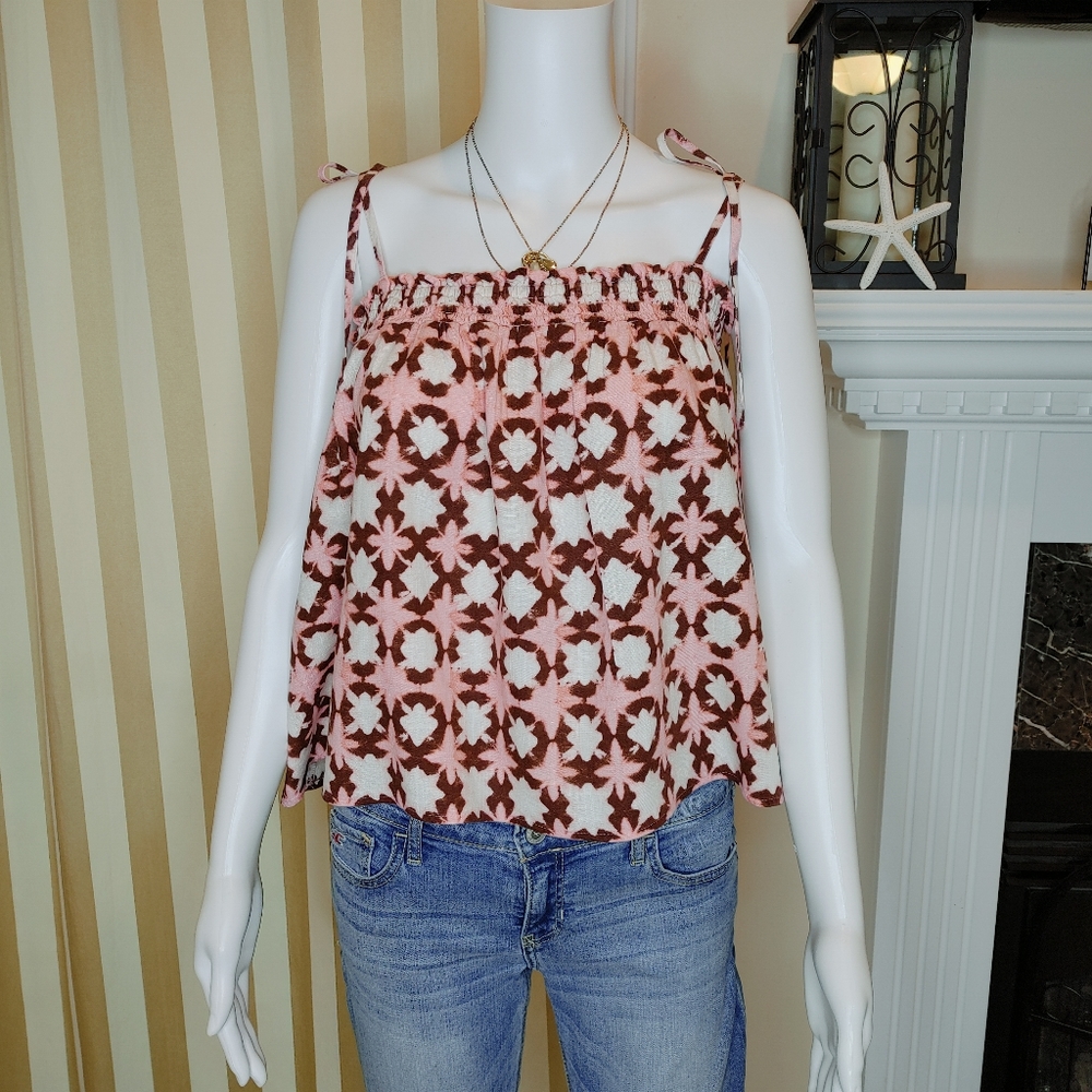 LOFT SUNWASHED FLORAL SMOCKED BOW STRAP CAMI, PINK LP
